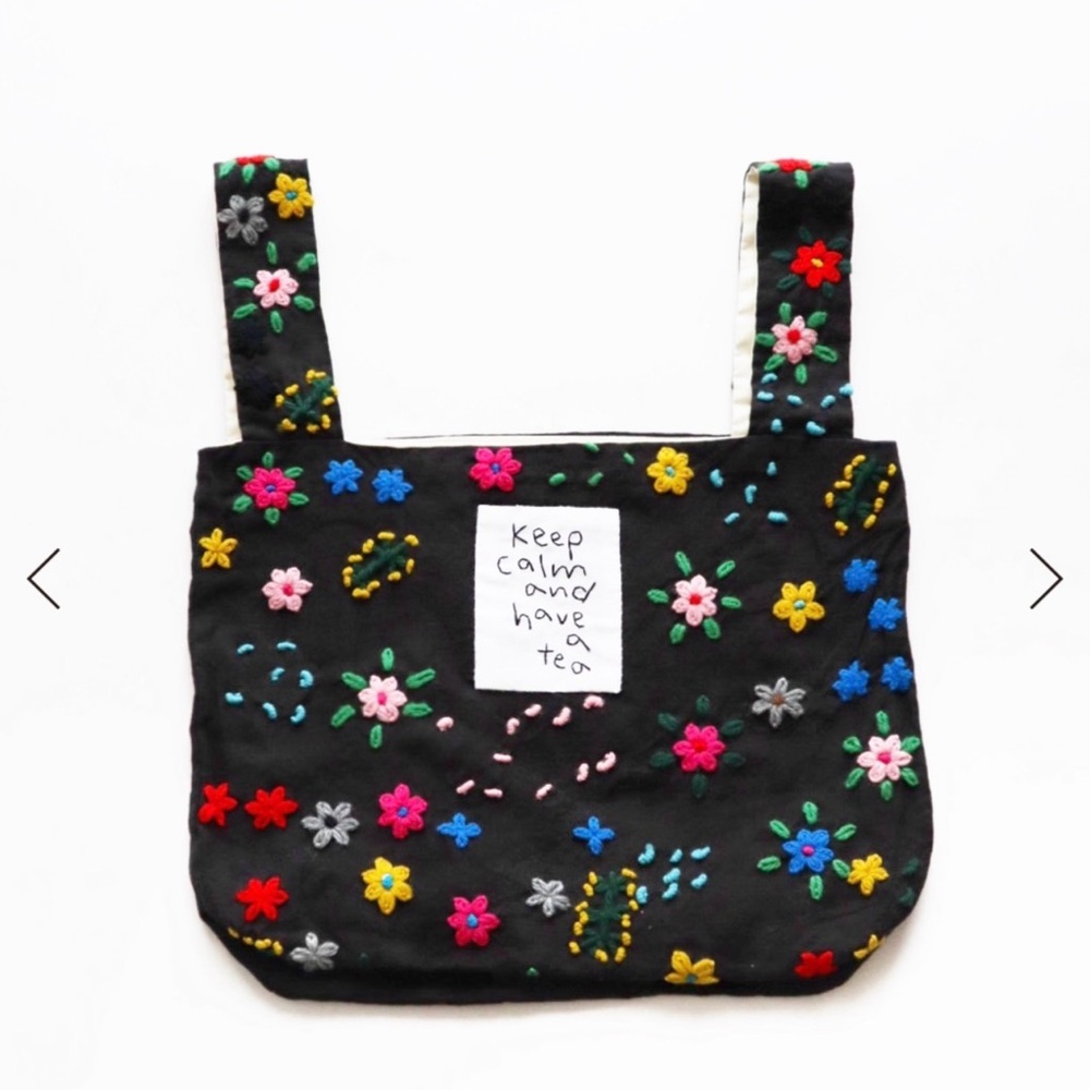 Japanese Pot and Tea Hand Bag Handmade Linen Floral Black